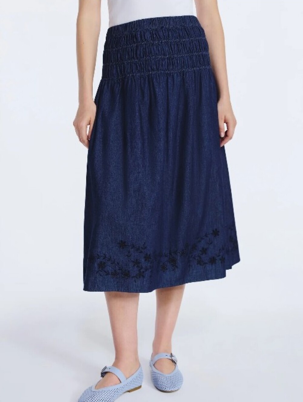 Free Assembly 100% Cotton Smocked Navy Long Skirt Floral Embroidery Size L